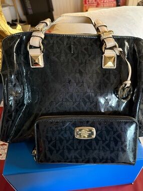 Michael Kors Black Patent MK Monogram Satchel with Matching Wallet